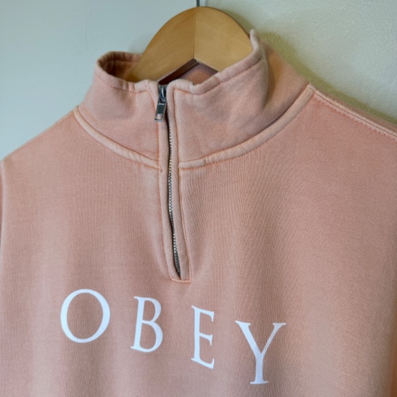 OBEY Mock Neck Dusty Pigment Henley Zip Dual Side Pockets Long Sleeve Sweatshirt - Picture 5 of 12